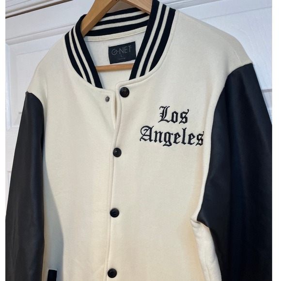 G-NET Varsity Jacket Faux Leather Los Angeles Embroidery Mens L Black Cream - Picture 1 of 9